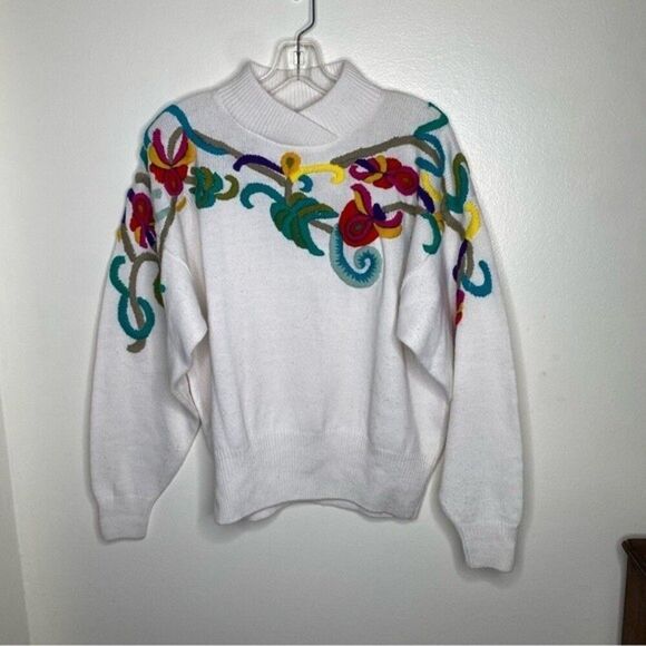 Vintage Floral Embroidered White Cowl Neck Sweater Large Maurada 70s 80s 1970s - Picture 5 of 5